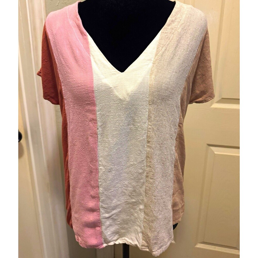 entro Women’s White Pink Beige Colorblock V-Neck Short Sleeve T-Shirt S